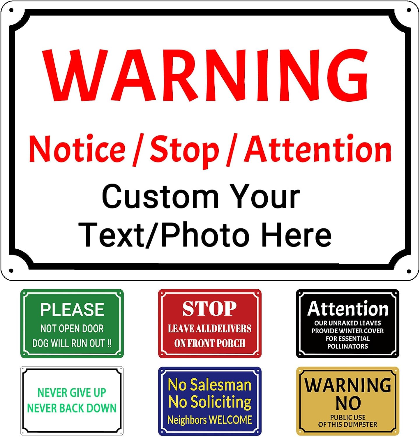 Customizable Aluminum Warning Sign, Metal Plaque, Multiple Designs, 8 x 6/12 x 8/16 x 12 Inches