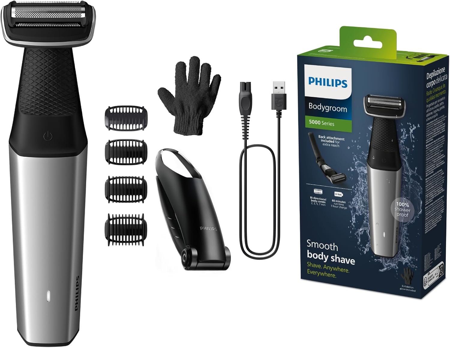 Philips Bodygroom Series 5000, Showerproof Groin and Body Trimmer, Close and Comfortable Shave, Complete Body Grooming Including Back, 60 Min. Runtime, Model BG5021/16