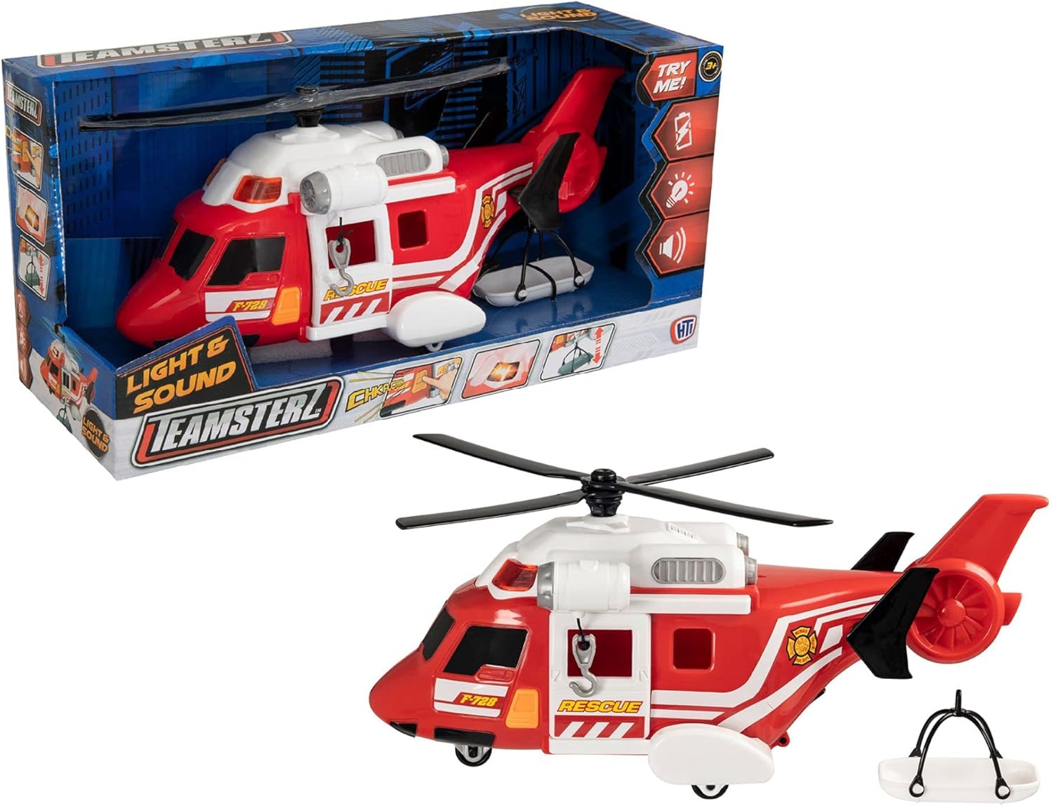 Teamsterz Mighty Machines Medium Fire Helicopter Toy | Lights & Sounds Emergency Vehicle | Firefighter Rescue with Winch & Stretcher | Educational Playset for Kids | Ages 3+