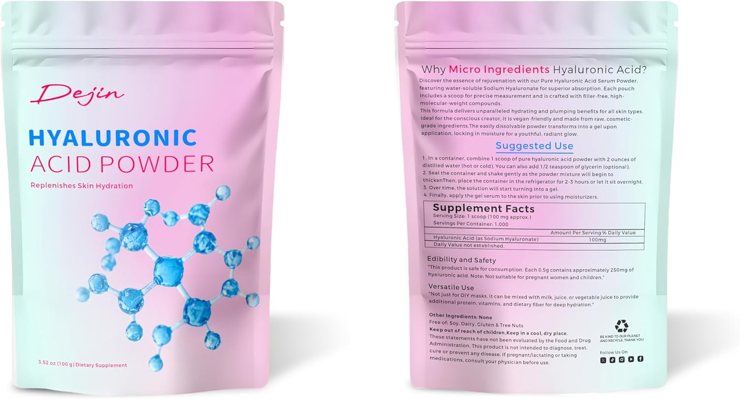 DEJIN Hyaluronic Acid Powder, Pure Hyaluronic Acid Powder for Face, Low Molecular Weight, Water Soluble Hydrating Ingredient for Skin Moisture, DIY Facial Serum, 100g