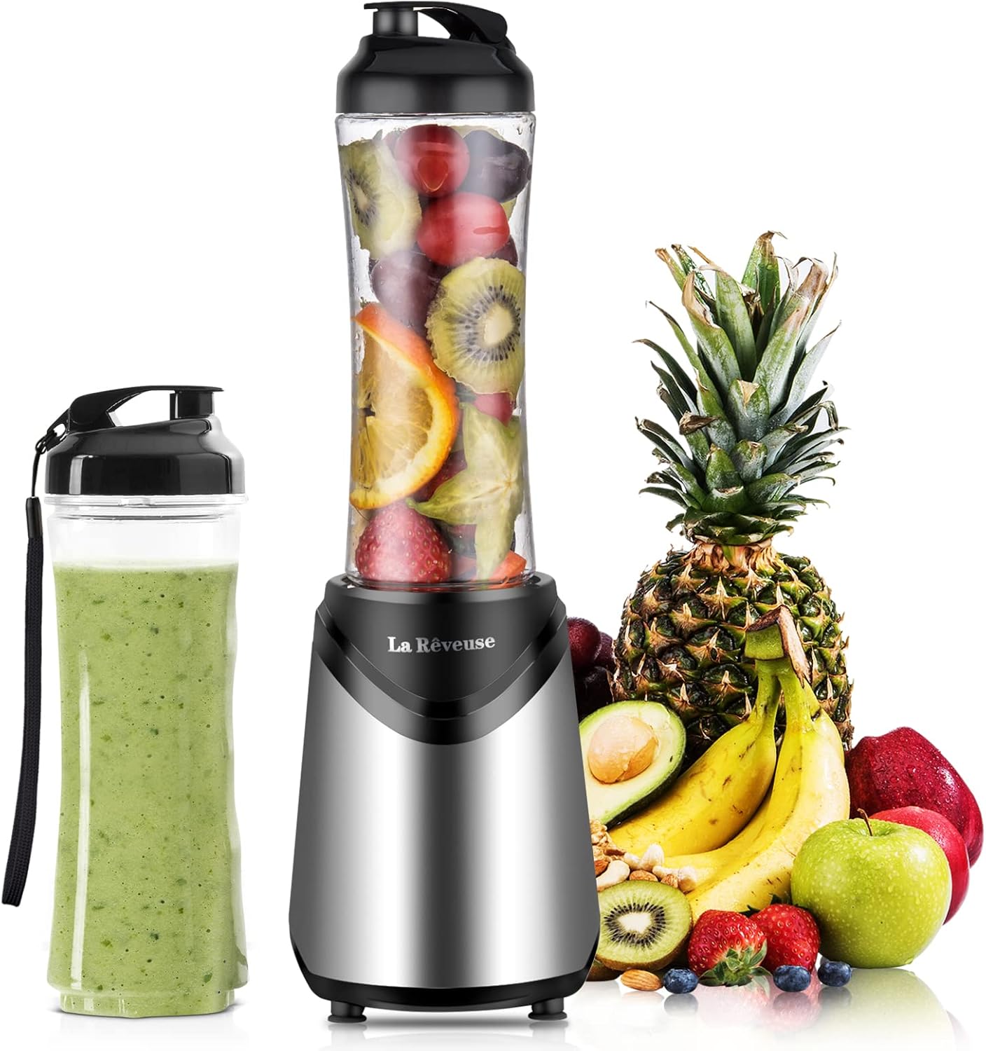 La Reveuse Smoothie Blender Personal Size with 2 BPA Free Portable Travel Sports Bottles (550ml),300 Watts,Silver