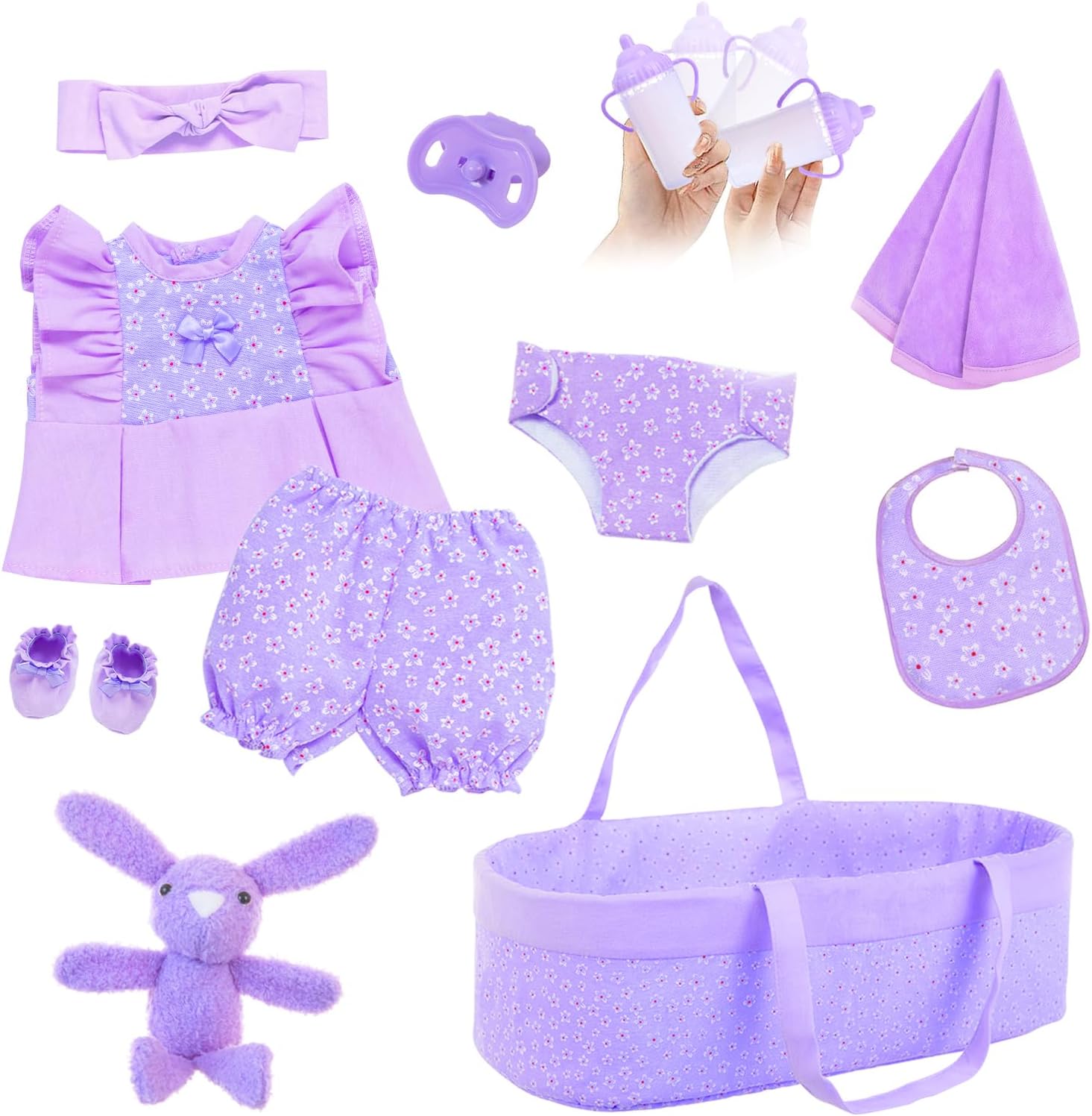 11 Pcs Baby Doll Clothes with Purple Floral Design Baby Doll Bassinet & Accessories for 16-18 Inch Baby Doll, Baby Doll Clothes Outfit Accessories Fit Reborn Baby Doll