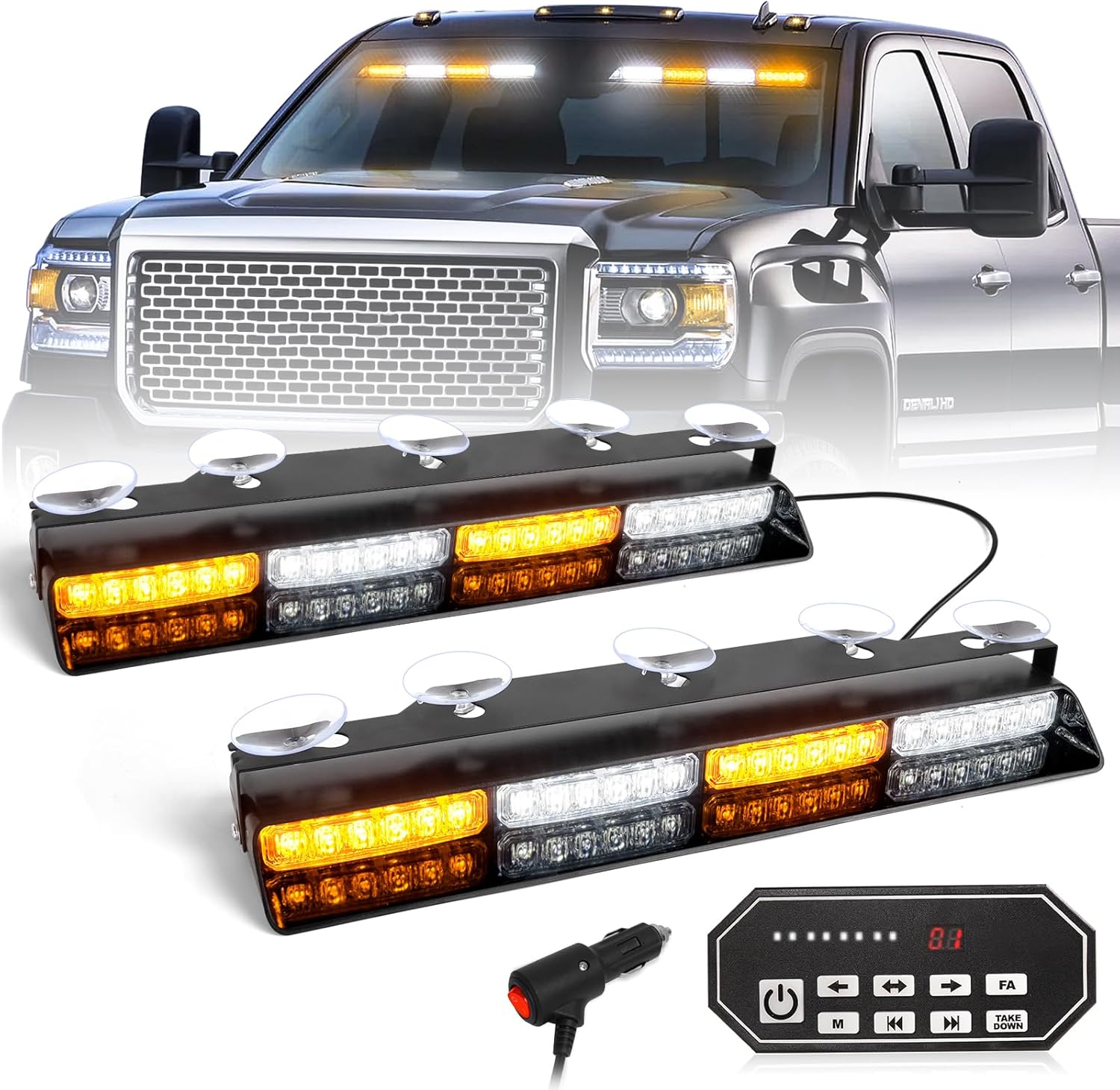 HLauto 604N Emergency Dash Strobe Lights w/Controller: 2x16.8 inch Amber White Security Light w/Take Down, 48 LED Safety Flashing Warning Hazard Interior Windshield Light Bar for Truck Vehicle