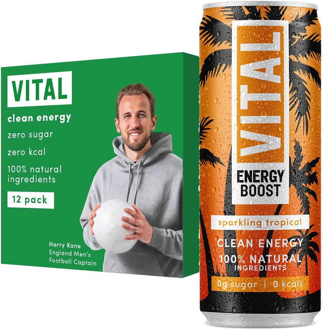 VITAL Energy Boost Sparkling Tropical Energy Drink, 100% Natural Ingredients Spring Water, Sugar-free, Zero Calories, Plant-based Sweetener, Contains 12 X 330ml Cans (12-Pack)