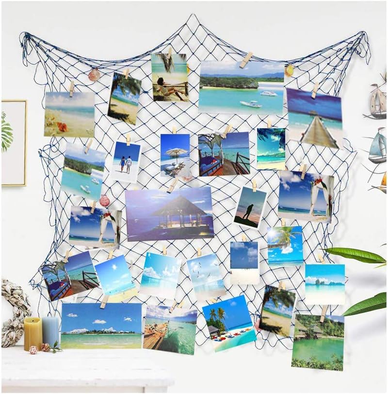 Photo Hanging Display Frames,Nautical Fish Net with Sea Shells and Clips for ClassroomTurtle Bathroom Bedroom Dorm Home Wall Birthday Ocean Theme Party Decorations