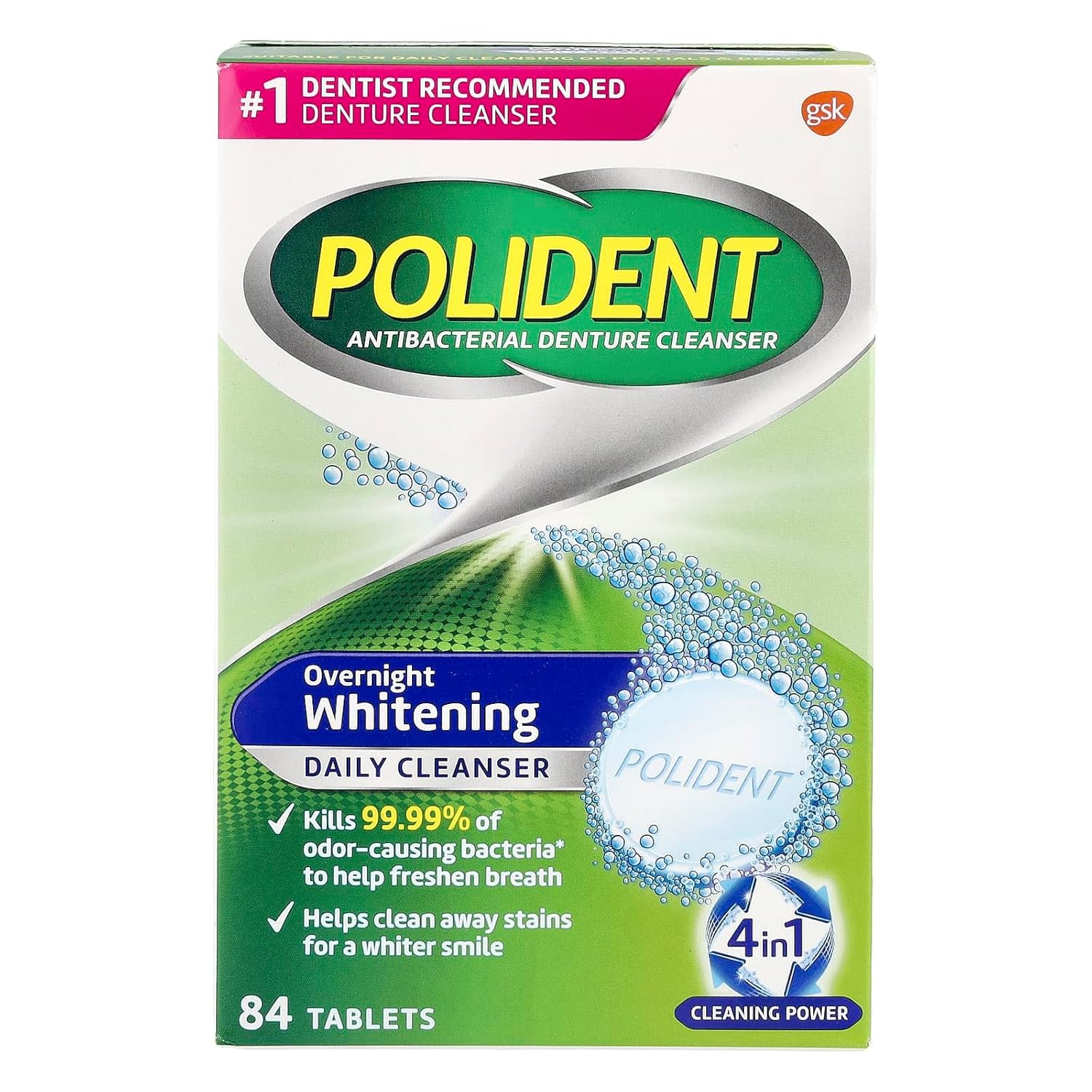 Polident Overnight Whitening Triple Mint Freshness Denture Cleaner Tablets - 84 CT