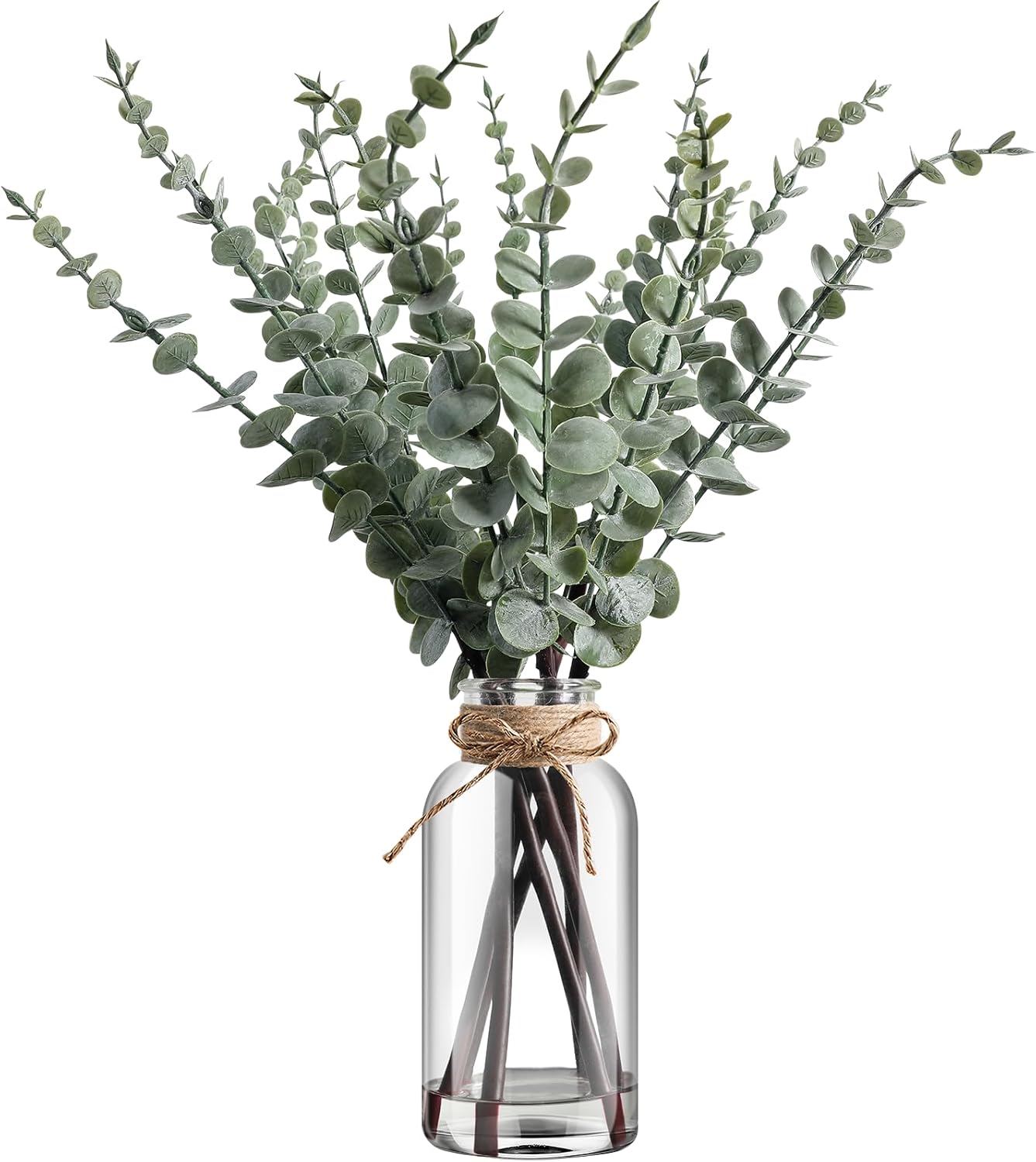 Artificial Eucalyptus Stems in Glass Vase with Hemp Rope and Faux Water 17.5inches Table Decorations Fake Greenery Plants Stems Fake Plants Leaves for Farmhouse Livingroom Bathroom, Light Green