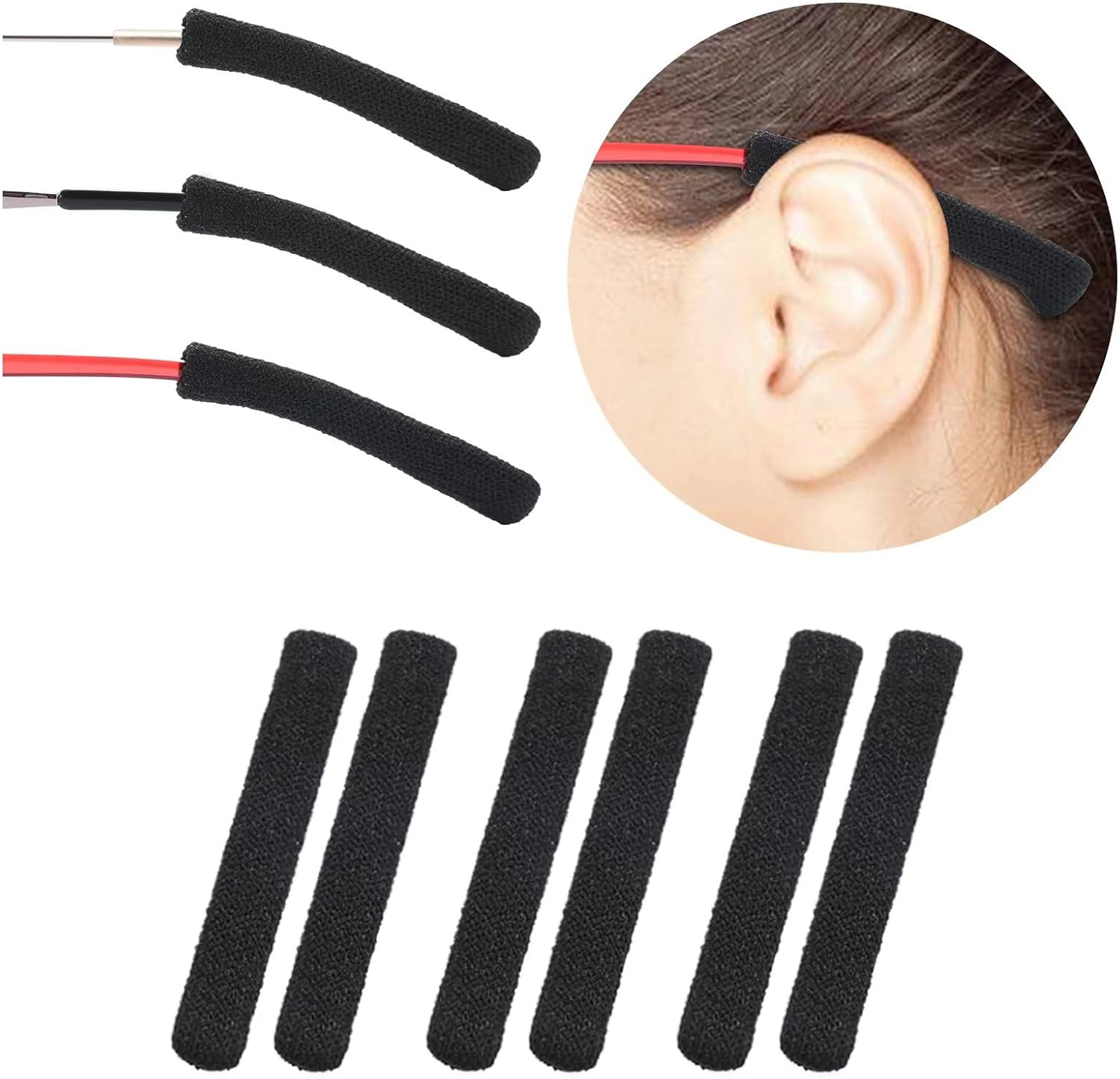 Anti-Slip Elastic Comfort Eyeglasses Temple Tips Sleeve, Soft and Well-Fitting Glasses Ear Cushion, Microstructured Fabric Glasses Ear Grip, Knitting Eyeglass Arm Cushion - Black 3 Pairs