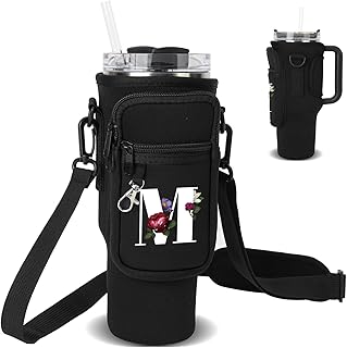 Water Bottle Carrier Bag with Strap Pouch for Stanley 40 oz Tumbler Cup Accessories, Neoprene Water Bottle Holder Phone Pocket Personalized Initial A-Z Flower Design (M, Black)