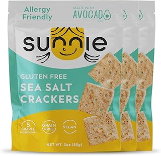 Sunnie Gluten Free Crackers - Healthy Grain Free Sea Salt Crackers - Snacks for Kids & Adults - Made with Avocado Oil, Only 5 Ingredients - Vegan Snack, Low Calorie - Individually Wrapped Snacks (9 oz - Pack of 3)