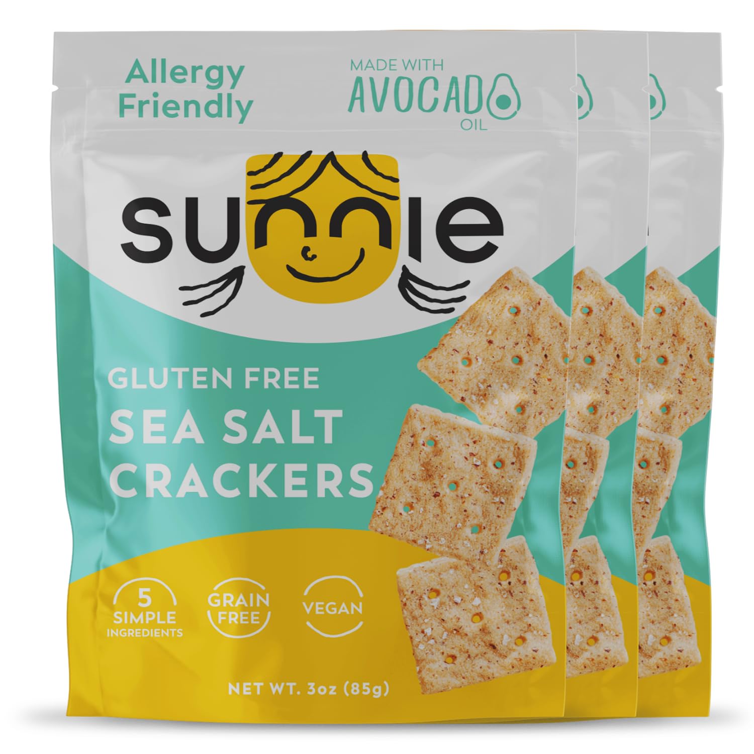 Sunnie Gluten Free Crackers - Healthy Grain Free Sea Salt Crackers - Snacks for Kids & Adults - Made with Avocado Oil, Only 5 Ingredients - Vegan Snack, Low Calorie - Individually Wrapped Snacks (9 oz - Pack of 3)