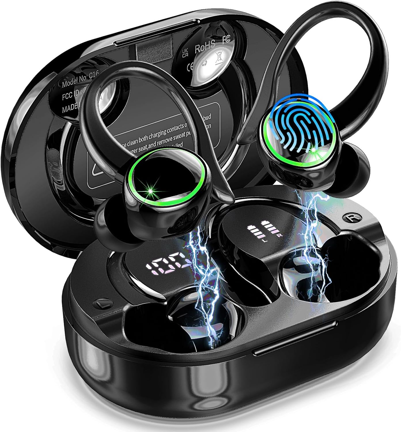 Wireless Earbuds, Bluetooth 5.4 Headphones Sports, 50H Playback Over-Ear buds with ENC Noise Cancelling Mic, Deep Bass Fitness Earphones Gym Running, IP7 Waterproof Headset with Earhook Workout