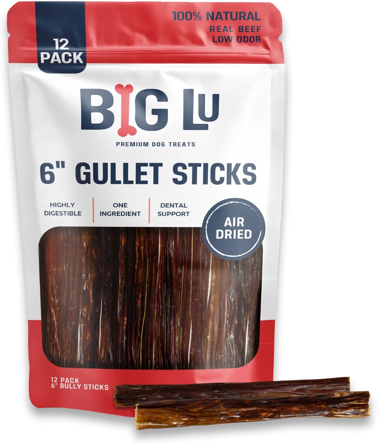 Big Lu - 6-Inch Jerky Gullet Sticks, 12 Count, All-Natural Beef Dog Chews, Grass-Fed, Free-Range, Digestible Treats with Glucosamine and Chondroitin for Joint Health, Dogs