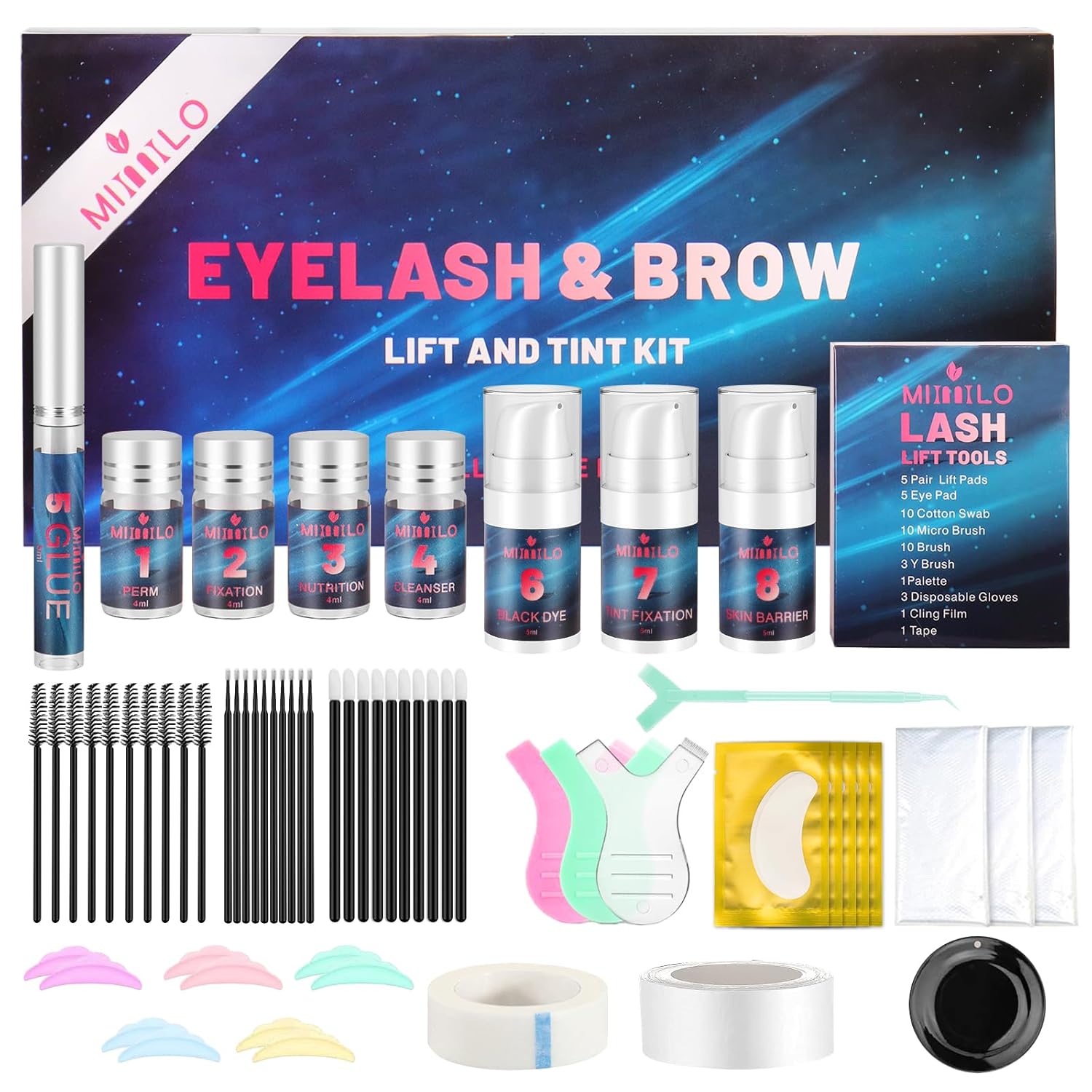 4 In 1 Lash Lift Kit & Brow Lamination Kit with Black Color, Eyelash Perm Kit at Home for Beginner, Salon-Quality Lash Curling with Detailed Instruction, Safe and Effective Result, Lasts For 6-8 Weeks