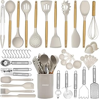 Silicone Kitchen Utensils Set, 46 pcs Cooking Utensils Set-Silicone Spatula Set- Kitchen Gadgets and Tools with Holder-Wooden Handle Silicone Kitchen Utensil with Tongs,Grater (Khaki)