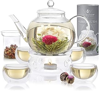 Teabloom Complete Tea Set – Glass Teapot (40 oz), Loose Tea Glass Infuser, 4 Insulated Glass Teacups, Tea Warmer, and 12 Flowering Teas – Elegant Blooming Tea Gift Set