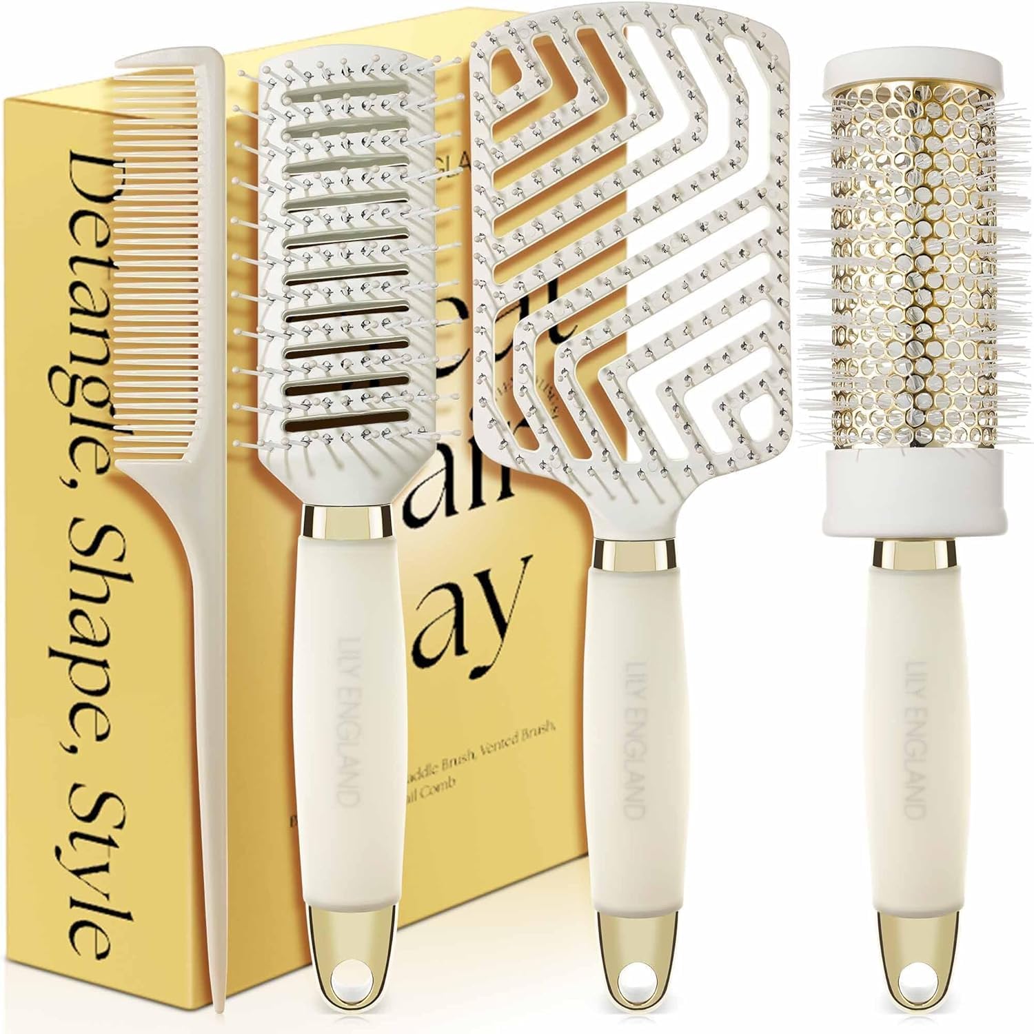 Lily England Hair Brush Set for Women - 7 Piece Professional Styling Collection - Premium Hair Care Gift Set - Elegant Teenage Girls Gift for All Types - Beige & Gold Colour