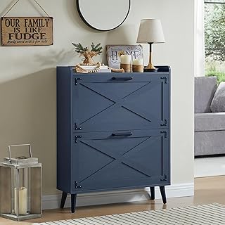 Shoe Storage Cabinet,Farmhouse Shoe Organizer with 2 Flip Drawers & Barn Door Design,Freestanding Hidden Slim Narrow Shoe Rack Cabinet for Entryway,Foyer,Hallway,Blue
