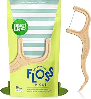 SMARTLIFECO Biodegradable Dental Floss Picks - Plant Based Handle, Thin Thread Tooth Flossers for Adults & Kids, Eco Friendly Toothpick Soft on Gum & Teeth, Compostable Zero Waste Vegan, 1 Bag - 50pk