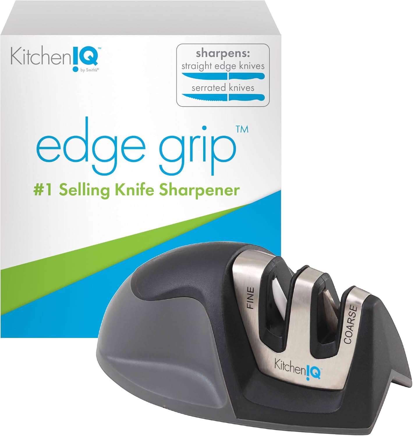 50009 Edge Grip 2-Stage Knife Sharpener, Black, Coarse & Fine Sharpeners, Compact for Easy Storage, Stable Non-Slip Base, Soft Grip Rubber Handle, Straight & Serrated Knives