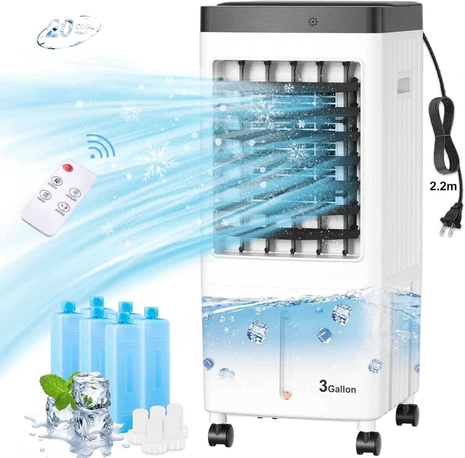 Evaporative Air Cooler, Swamp Cooler with 3 Gal Water Tank, 20H Cooling Time Swamp Cooler Air Conditioner, 80°oscillation,Portable Cooling Fan for Office/Room/Garage/Kitchen(Include 6 Ice Packs)
