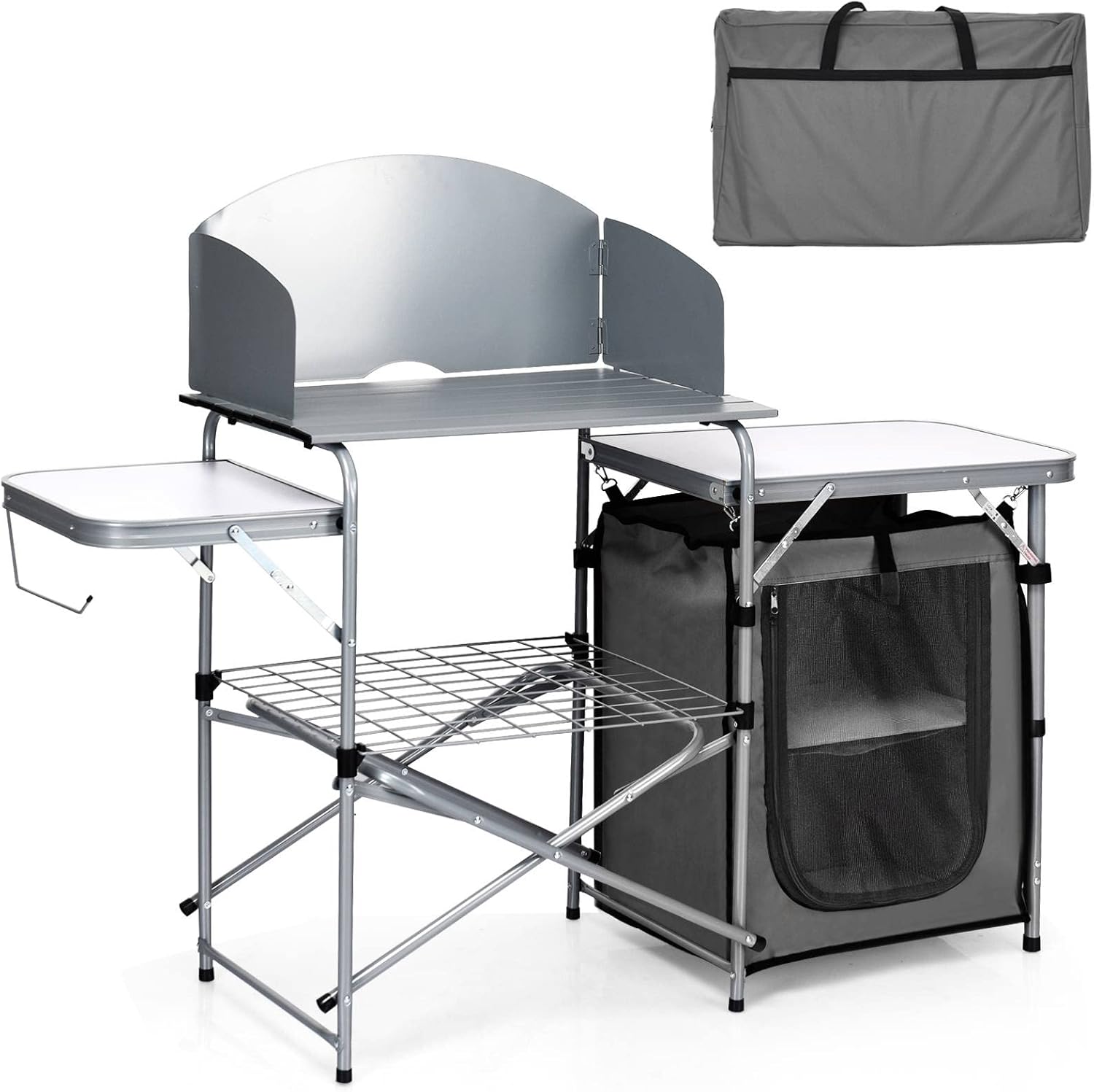 COSTWAY Folding Aluminum Camping Table, Kitchen Work Table with 2 Side Tabletops, Hooks and Carrying Bag, Indoor Outdoor Lightweight BBQ Catering Picnic Table (with Windshield, Cabinet, Grey)
