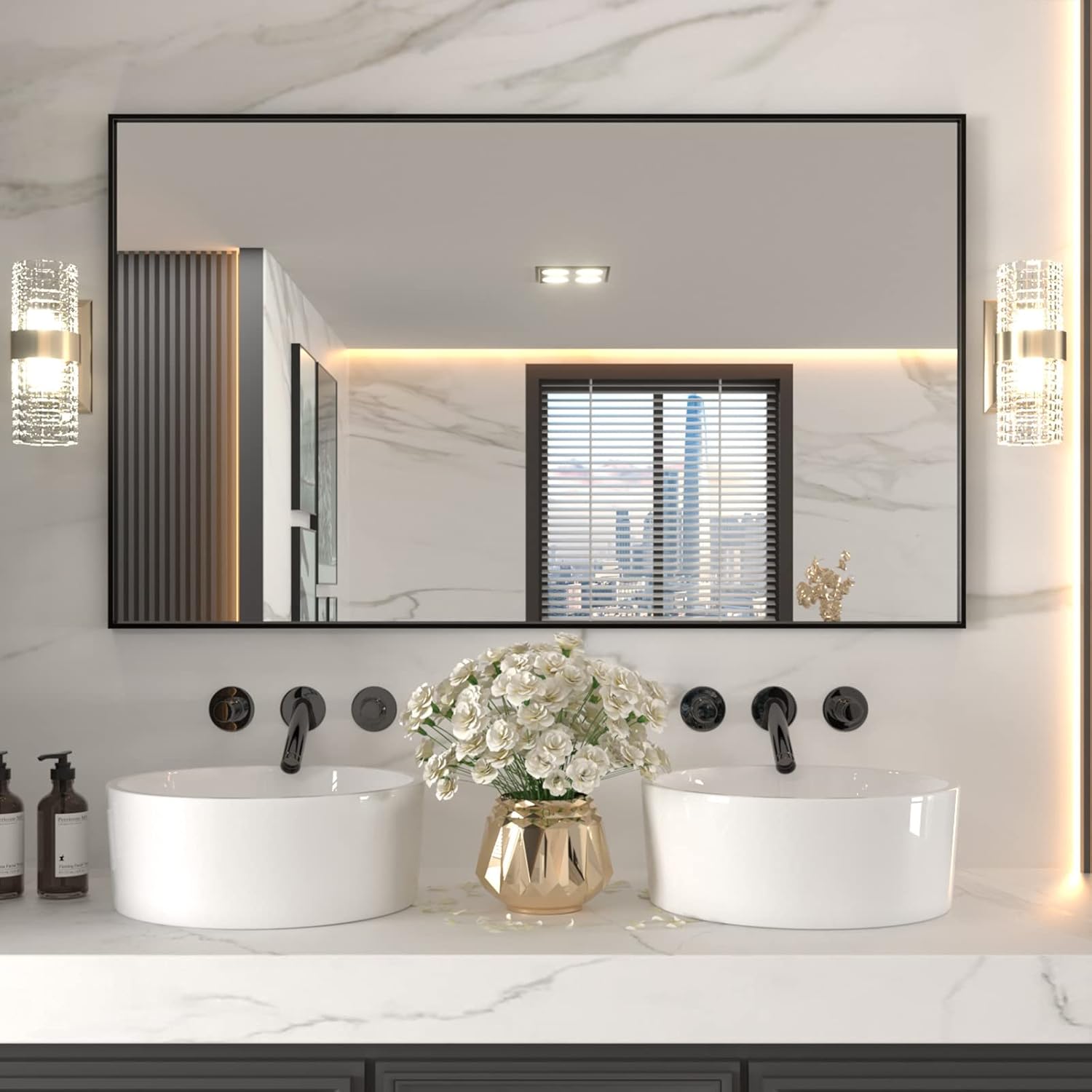 LOAAO 60"X36" Black Rectangle Bathroom Mirror Wall, Matte Black Aluminum Alloy Frame, Tempered Glass, Hangs Vertically or Horizontally, Easy to Install