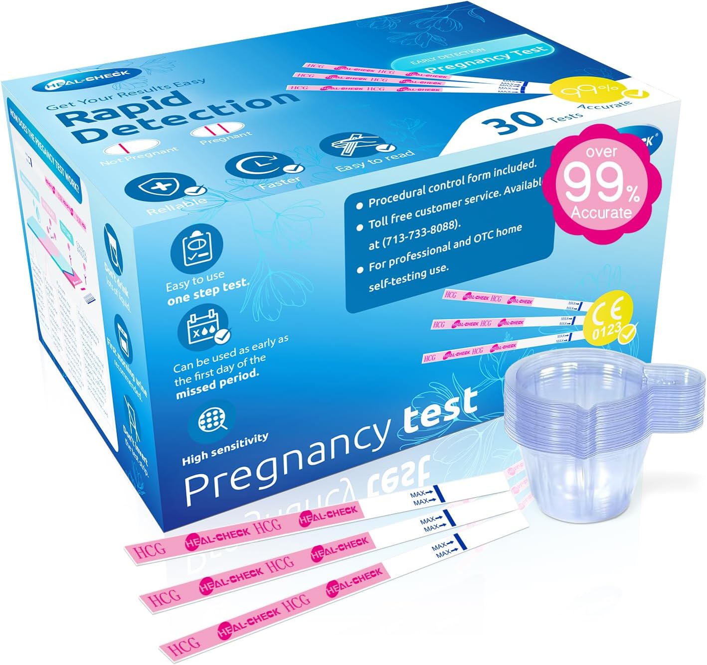 Pregnancy Tests with Cup, HEAL-CHECK Bulk Pregnancy Test Strips for Home Detection, Over 99% Accuracy, Individually Wrapped, Extra-Wide 5mm HCG Test Kit Comfortable Grip, FSA or HSA Eligible, 30 Count