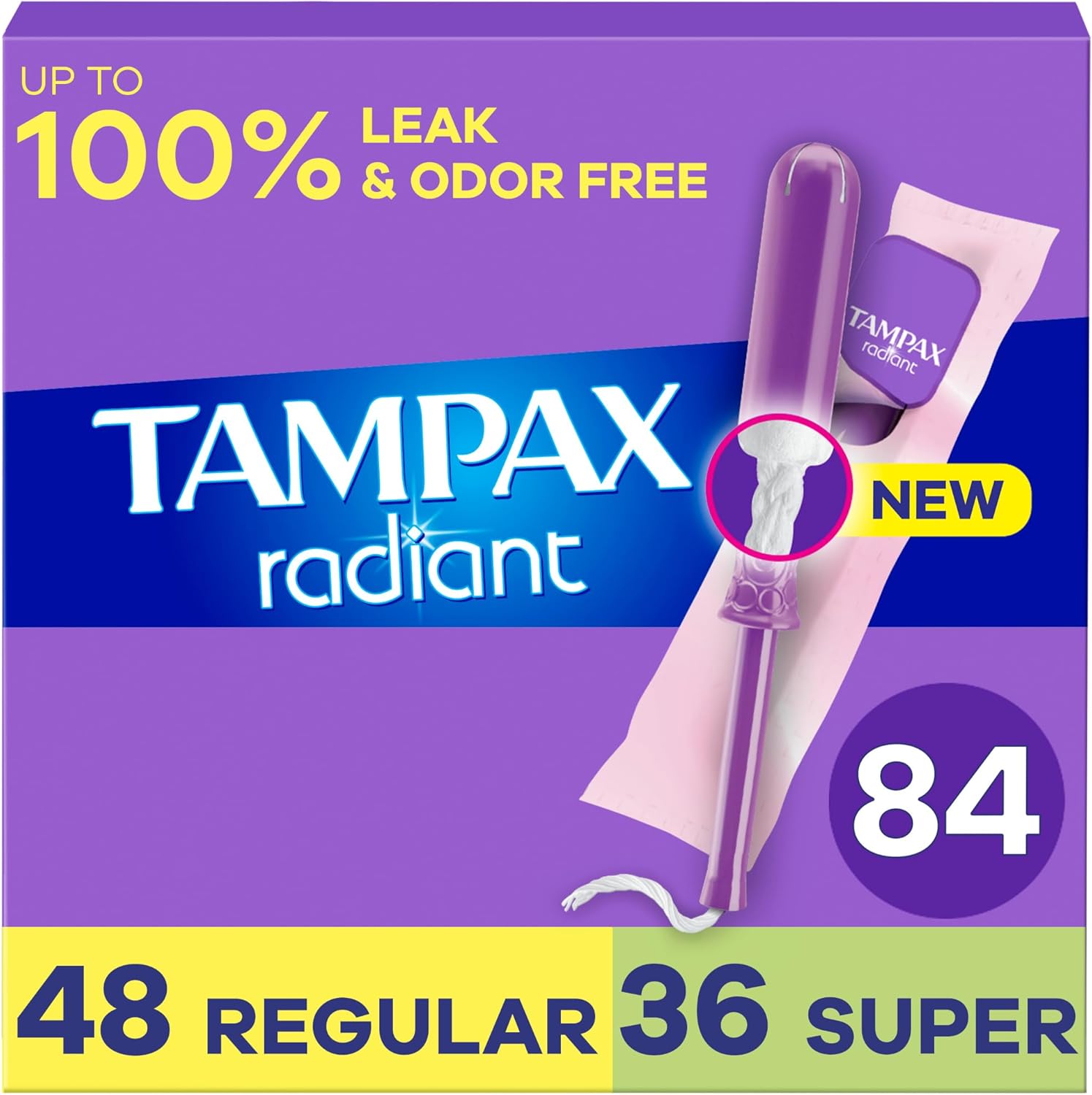 Tampax Radiant Tampons Multipack, with LeakGuard Braid, Regular/Super Absorbency, Unscented, 84 Count (3 Packs of 28)