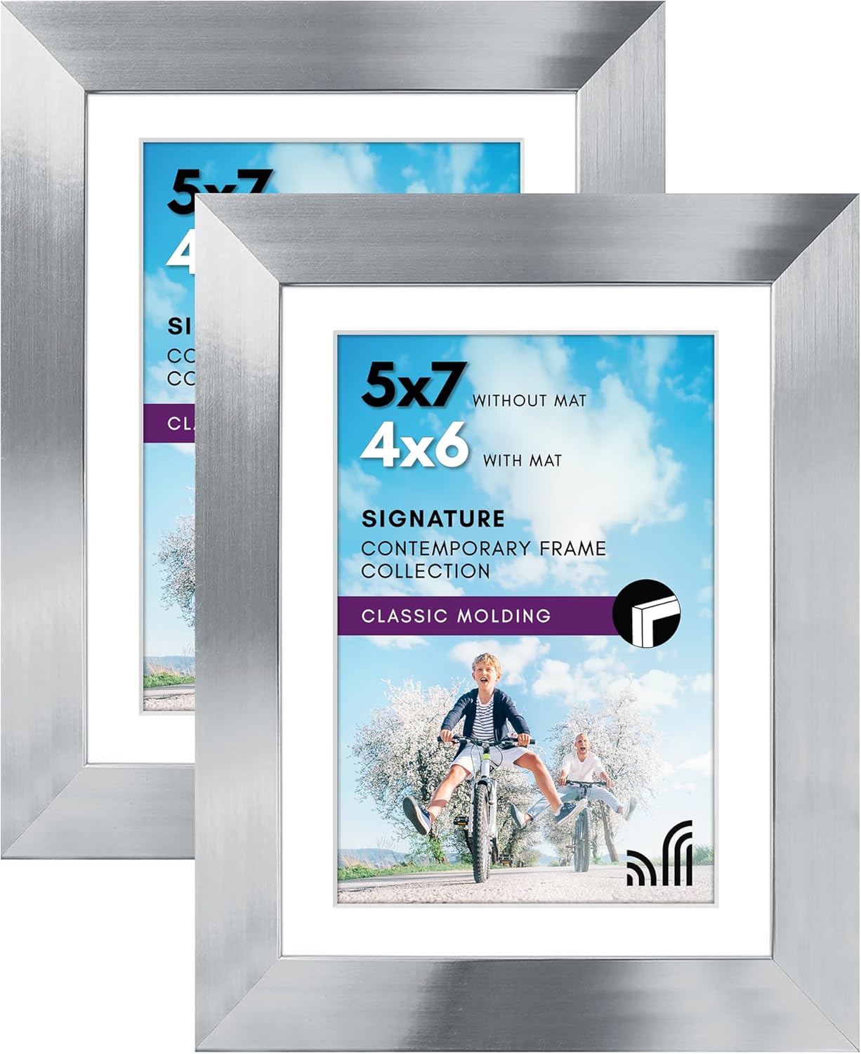 Americanflat 7x5 Photo Frames with Polished Crystal-Clear Glass - Set of 2 - Use as 6x4 Photo Frames with Mount or 7x5 Frame without Mount - Frames for Tabletop and Wall Display - Silver