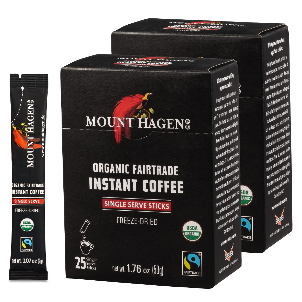 Mount Hagen 25 Count Single Serve Instant Coffee Packets - 2 Pack | Organic Medium Roast Arabica Beans [2 x 25 sticks/1.76oz/50g]