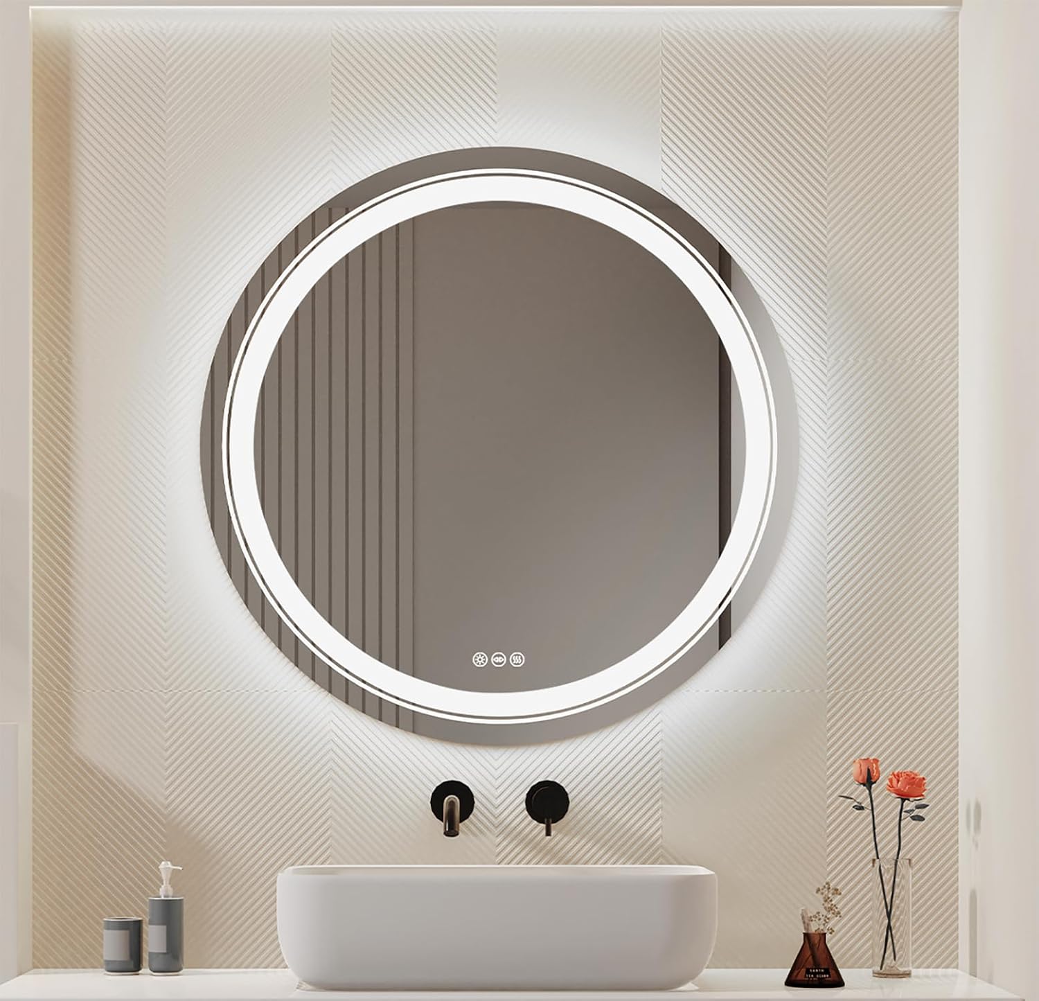 LUVODI LED Bathroom Mirror Round: 600mm Dimmable Illuminated Front Light + Backlit Circle Wall Vanity Mirror with 3 Colour Lighting Demisting Smart Button for Makeup Shaving