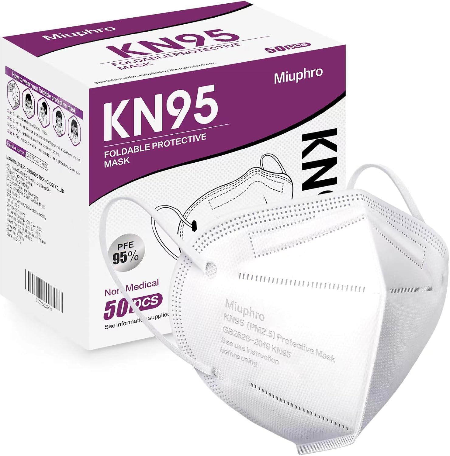 Miuphro KN95 Face Mask 50 Pack, Disposable Respirator Masks, 5 Layer Design Safety Mask for Protection, Ideal for Men and Women (White)