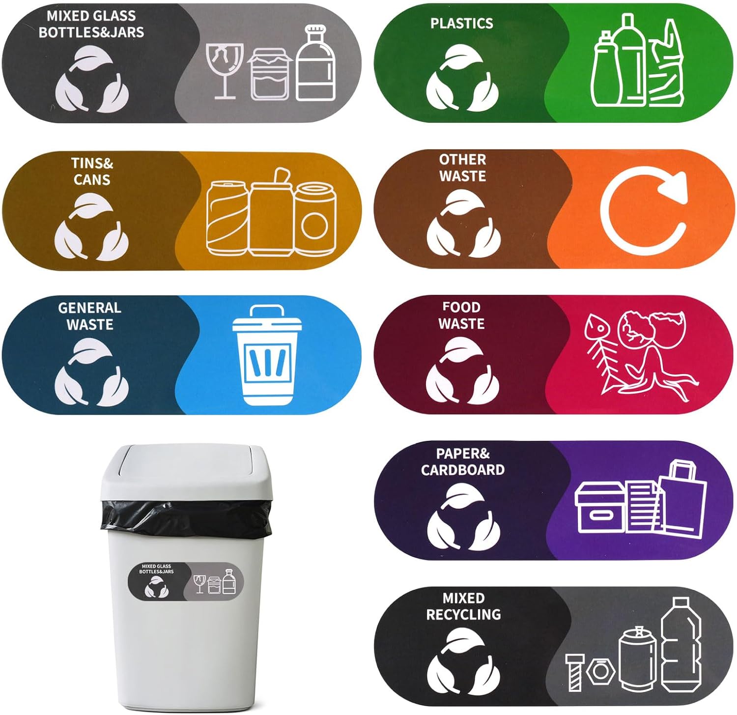 8PCS Recycling Bin Stickers, Self Adhesive Bin Labels, Waterproof Vinyl Recycling Signs, Mixed Rubbish Stickers for Indoor Outdoor Kitchen 15cm x 5cm