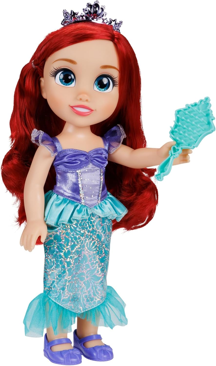 Disney Princess Ariel Doll Age 3+, 14” / 35cm Tall Doll with Royal Reflection Eyes Includes Shimmery Platinum Holofoil Printed Removable Dress, Shoes, Tiara and Brush, Perfect for Girls Ages 3+