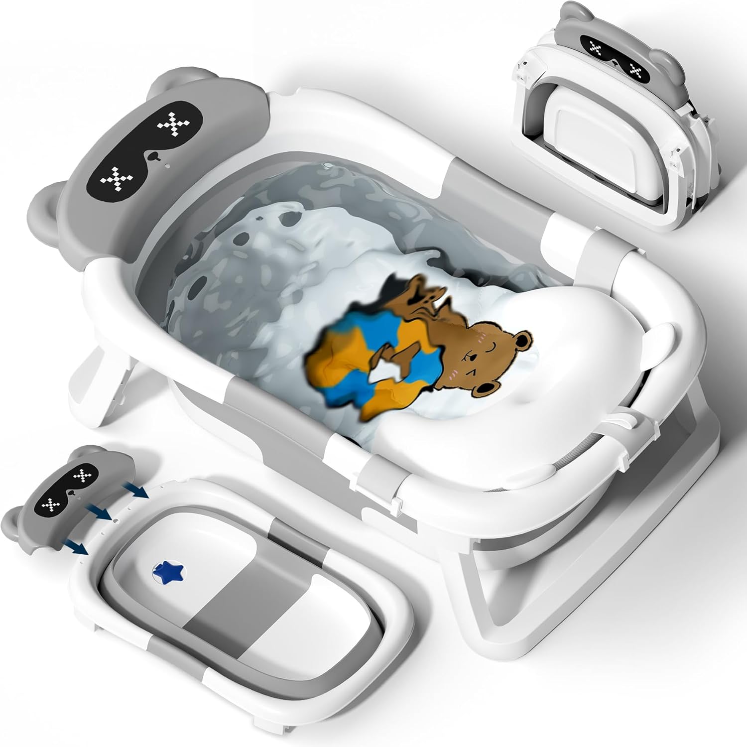 COOSEYA Baby Bath Tub Foldable, Baby Bathtub Collapsible Essentials for Newborn with Soft Cushion (0-18Months), Baby Shower for Infant to Toddler Gift Portable Space-Saving Travel,Grey