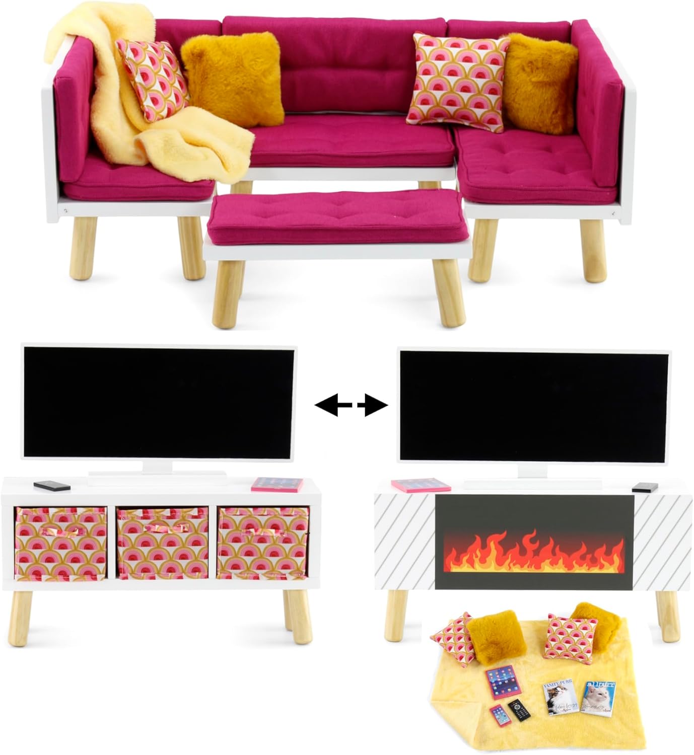 Emily Rose18-inch Doll Living Family Room Sofa Chair Bed Couch Wooden Furniture Set - Includes TV, Fireplace, Storage Bins and Fun Accessories! | for 14"-19" Dolls - Toy Gift Set for 3+ Little Girls