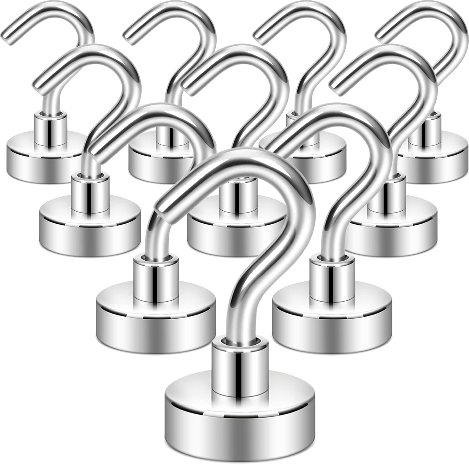 Neosmuk Magnetic Hooks,30lb+ Heavy Duty Earth Magnets with Hook for Refrigerator, Extra Strong Cruise Hook for Hanging, Magnetic Hanger for Cabins, Grill (Silver White, Pack of 10)