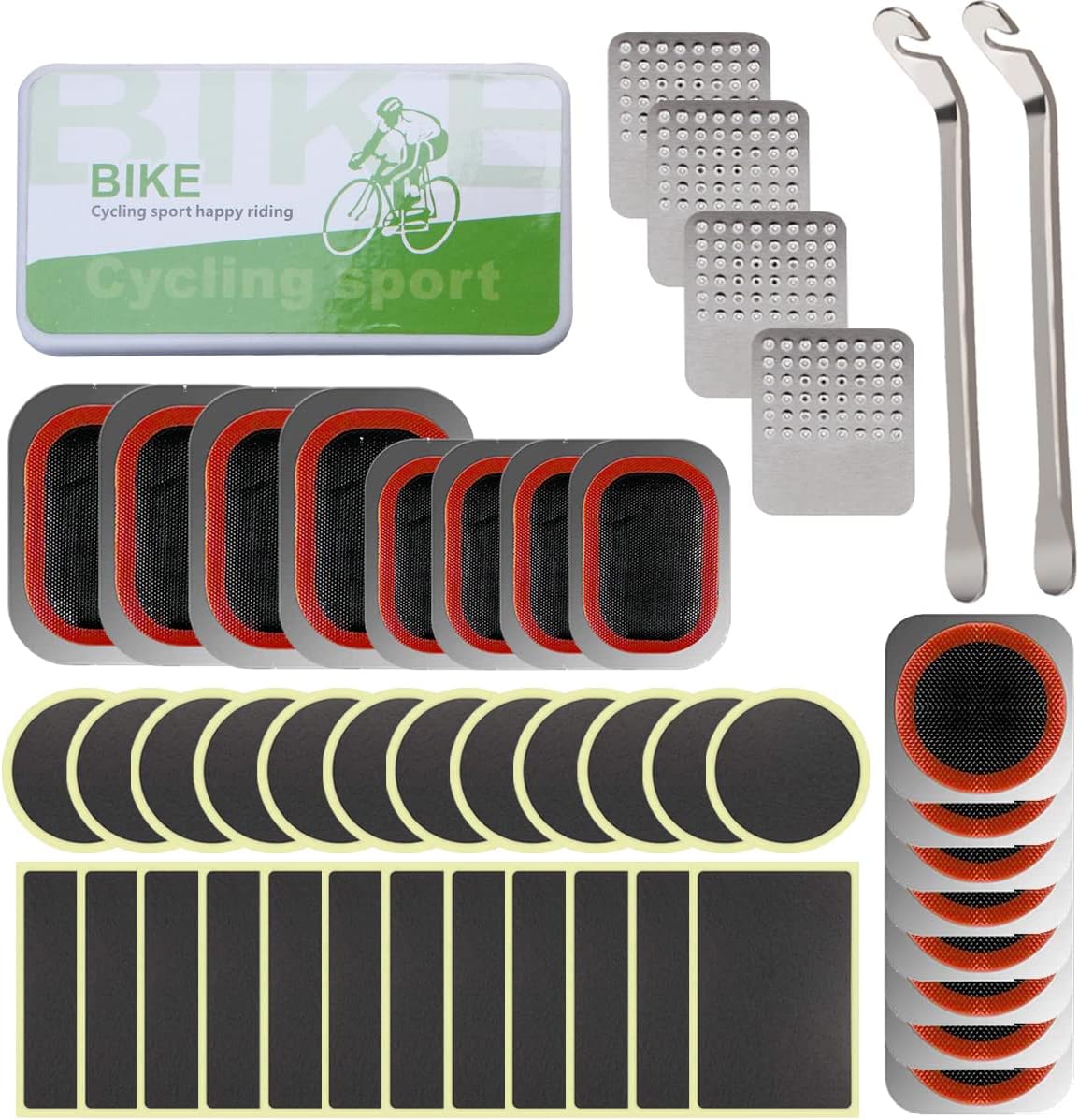 Bike Inner Tube Patch Kits, Bicycle Tire Repair Kit with Glueless Self-Adhesive Patches, Vulcanizing Patches, Metal Rasp, Portable Storage Box for Bicycle, Motorcycle, Inflatable Rubber