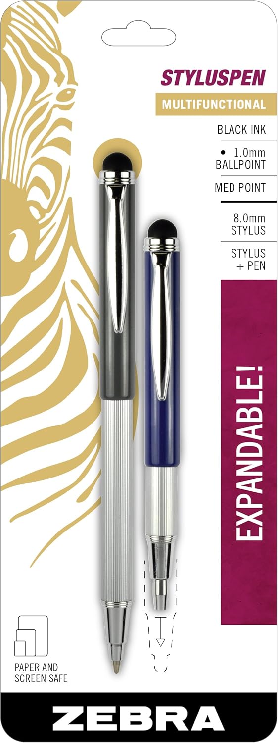Zebra Pen StylusPen Telescopic Ballpoint Pen, Medium Point, 1.0mm, Black Ink, Grey and Navy Barrels, 2-Count (33602)