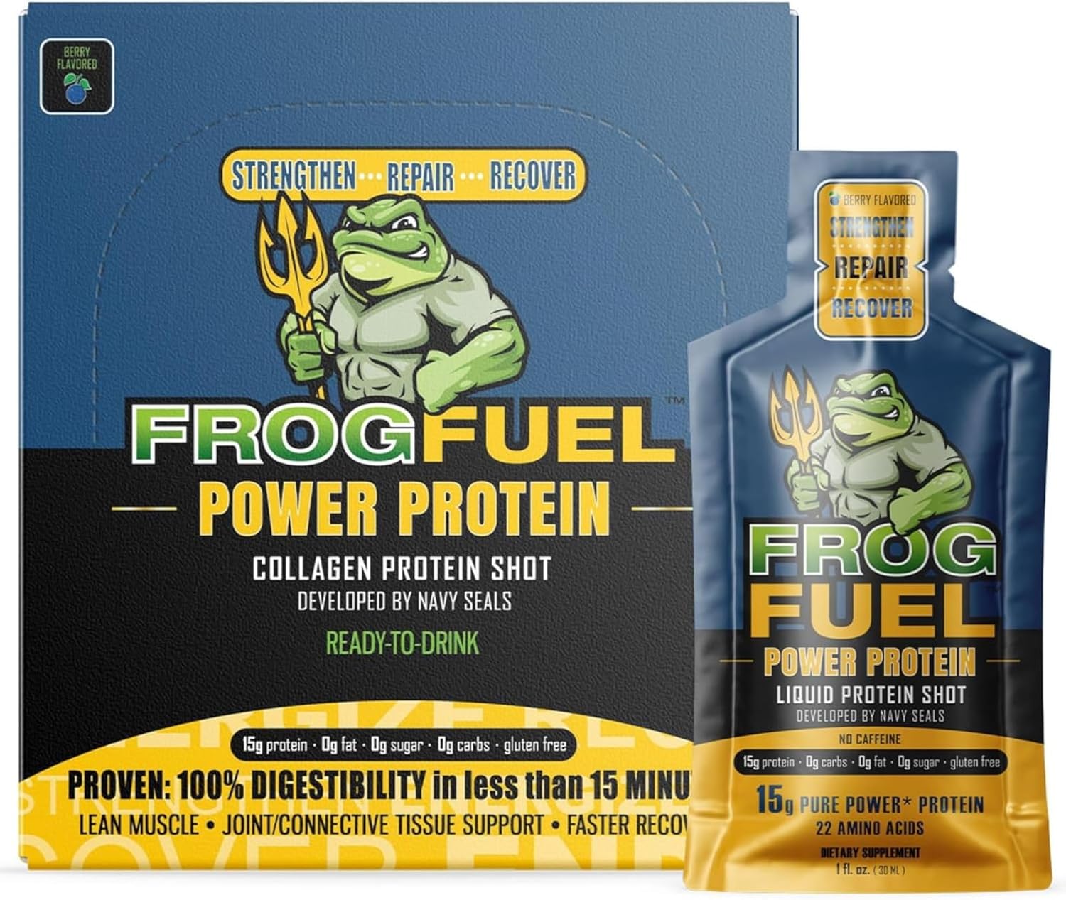 Frog Fuel Power Regular Protein Shot, 15g Protein Nano-Hydrolyzed Grass Fed Collagen, Post Workout, Gluten Free, Fat & Sugar Free, 22 Amino Acids, 0 Carbs, Berry, 1 oz Packets, 24 Pack