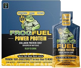 Frog Fuel Power Regular Protein Shot, 15g Protein Nano-Hydrolyzed Grass Fed Collagen, Post Workout, Gluten Free, Fat & Sugar Free, 22 Amino Acids, 0 Carbs, Berry, 1 oz Packets, 24 Pack