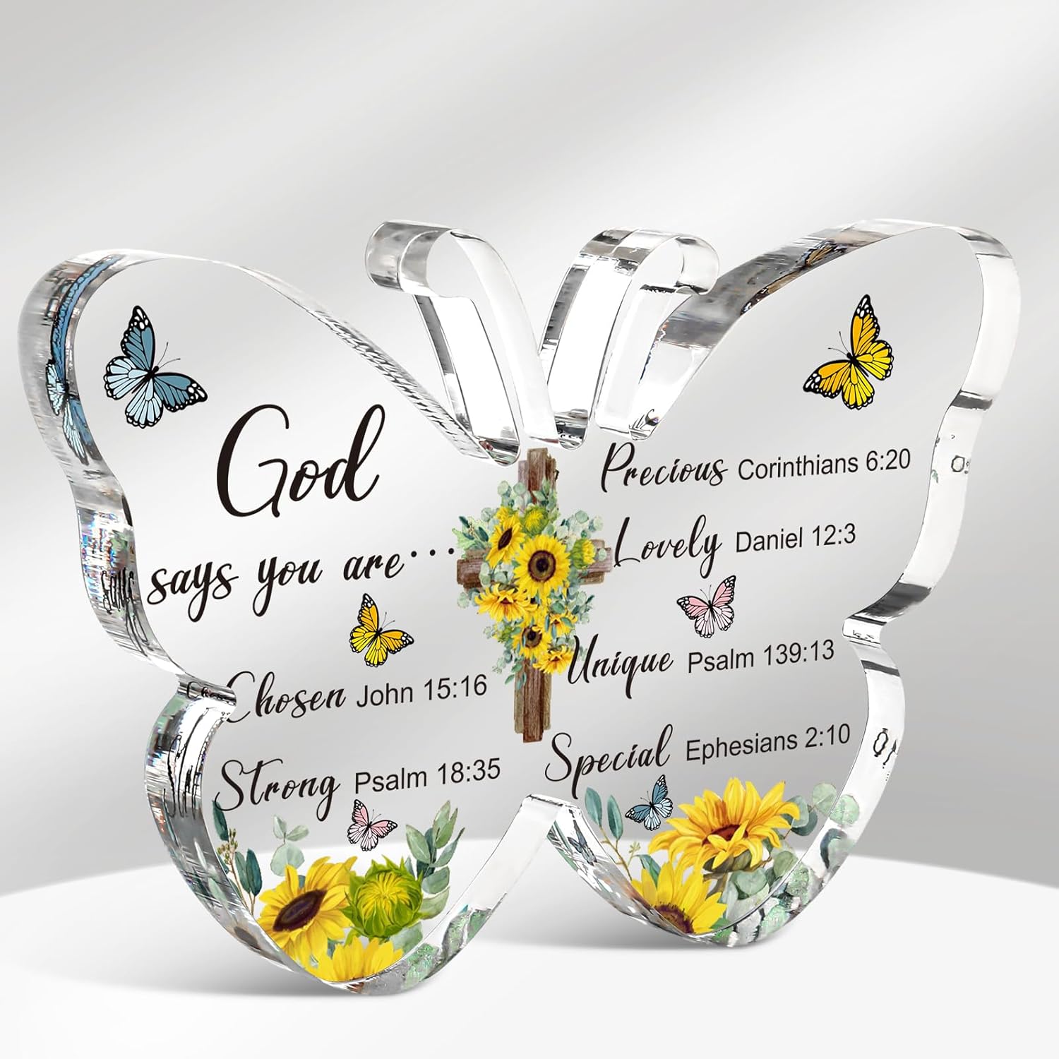 Barydat Acrylic Christian Gifts Bible Verses Religious Gifts for Women Men Inspirational Scripture Butterfly Prayer Room Decor Faith Keepsake Paperweights for Christmas Home(God Says)