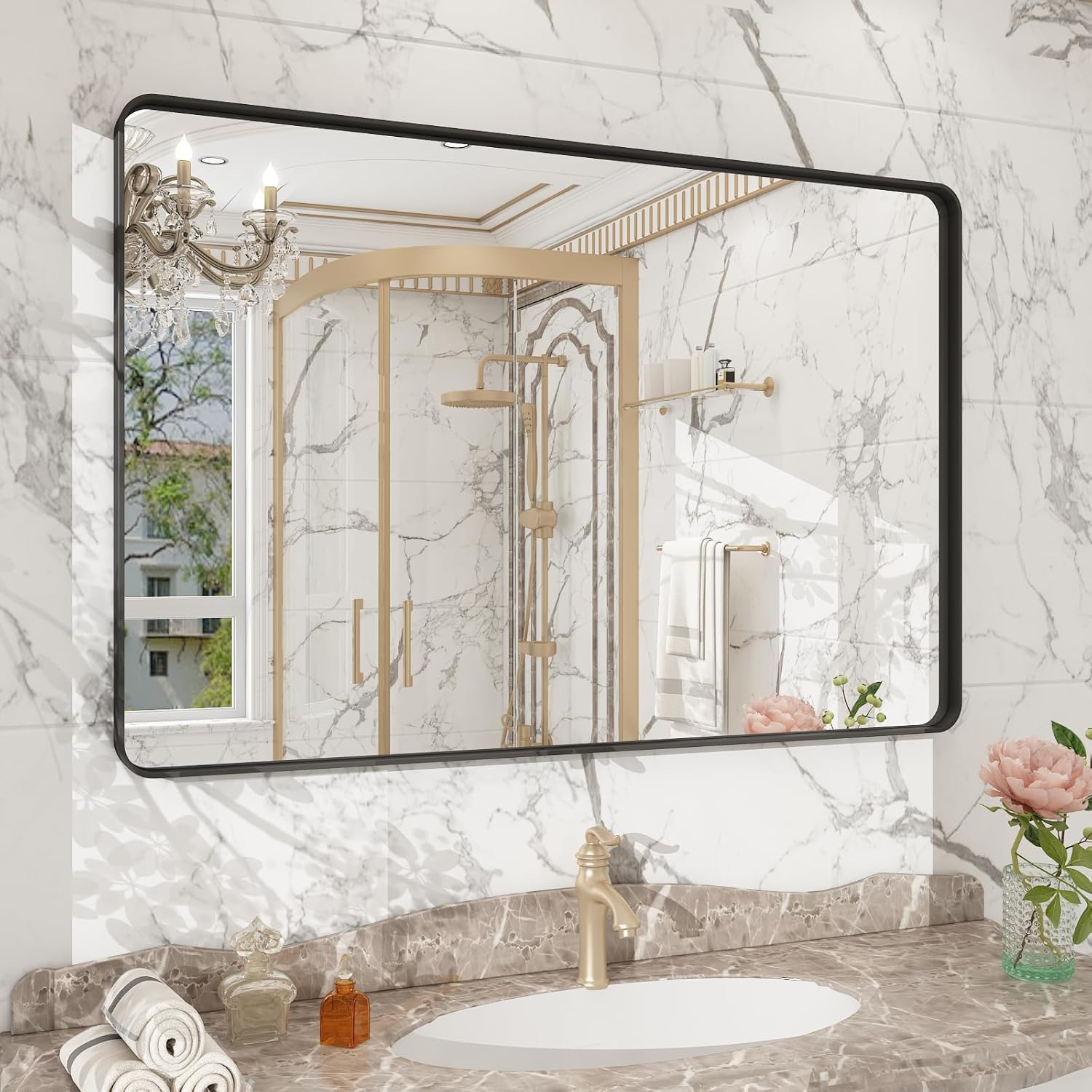 Black Mirror for Bathroom, 48x32 Matte Black Bathroom Vanity Mirror, Large Metal Frame Rectangular Wall Mirror, Anti-Rust, Shatterproof, Round Corner, Horizontally/Vertically Hanging.