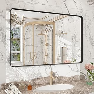 Black Mirror for Bathroom, 48x32 Matte Black Bathroom Vanity Mirror, Large Metal Frame Rectangular Wall Mirror, Anti-Rust, Shatterproof, Round Corner, Horizontally/Vertically Hanging.