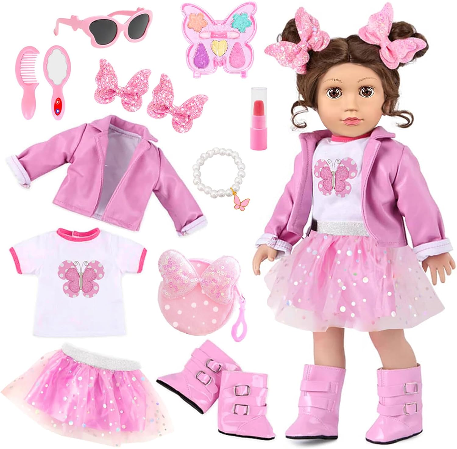 American 18 Inch Dolls Clothes Pretend Makeup Accessories Gift Playset for Girls,Cosmetic Bag Toys Fits for 18" Dolls Include Skirt Outfit Shoes Sunglasses Makeup Stuffs Doll NOT Include