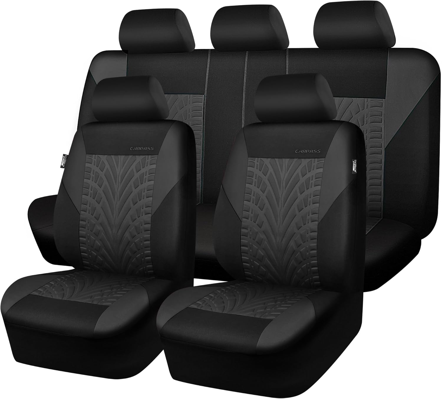 CAR PASS Car Seat Covers Full Sets, Front & Split Rear Bench for Car, 3D Tyre Embossed Automotive Interior Covers, Airbag Compatible, Quick Setup Universal Fit Seat Covers for Car, SUV(Charcoal)