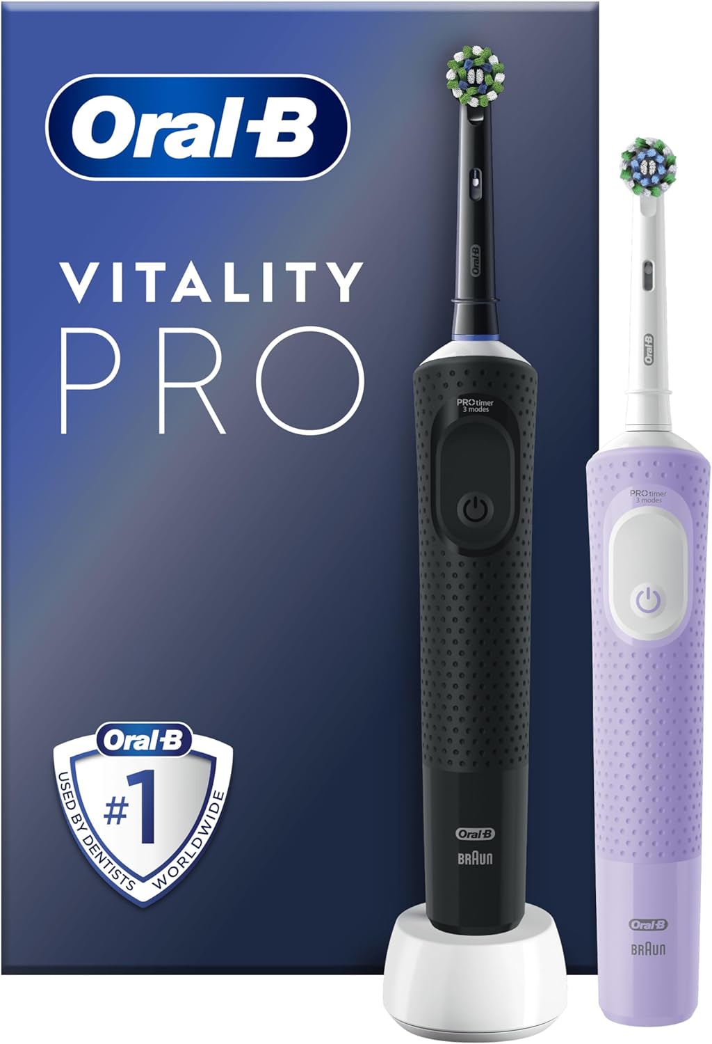 Oral-B Vitality Pro 2x Electric Toothbrushes For Adults, 2 Toothbrush Heads, 3 Brushing Modes Including Sensitive Plus, 2 Pin UK Plug, Black & Purple