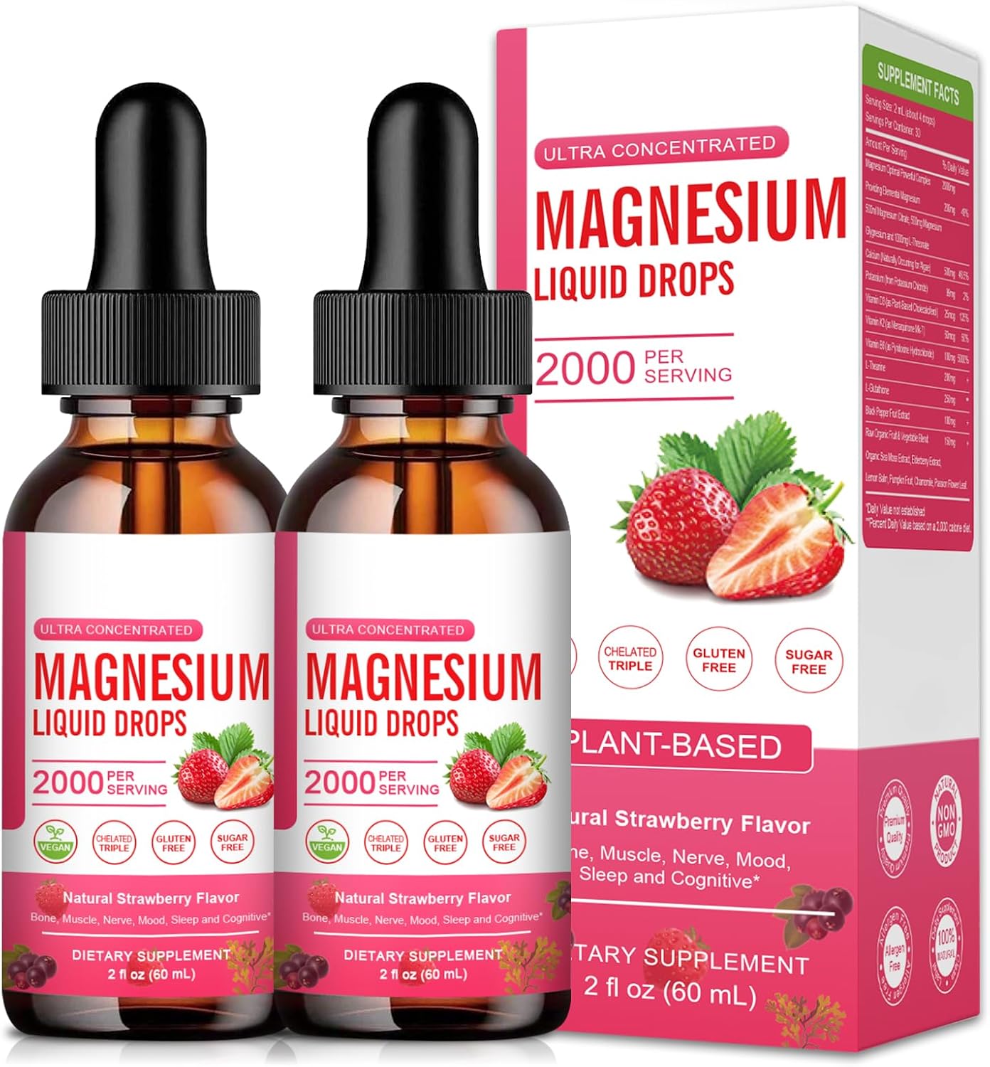 2 Pack Magnesium Glycinate Supplements Liquid Drop for Women & Men, Magnesium Complex with Citrate, Threonate, Malate, Strawberry Flavor, 60ml