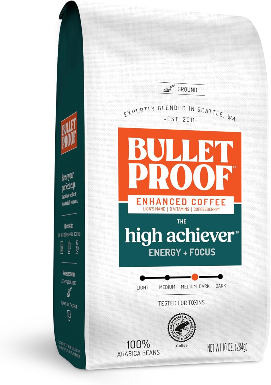 Bulletproof The High Achiever Ground Coffee, 10 Ounces, Medium-Dark Roast Enhanced Coffee with Lion's Mane Mushroom, B Vitamins, and Adaptogens for Energy and Focus